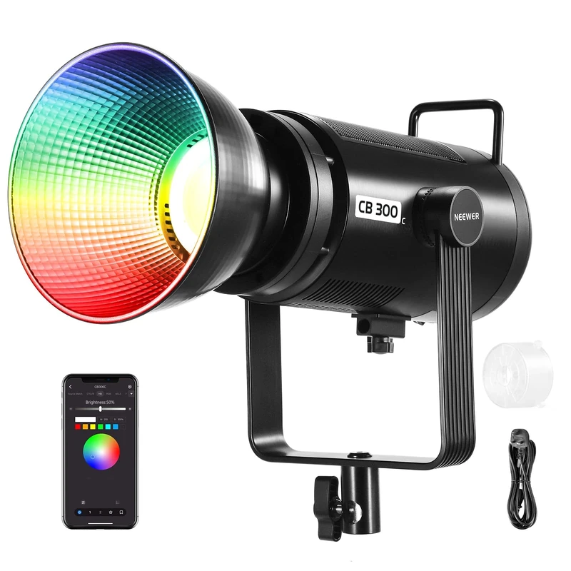 NEEWER CB 300C RGB LED Video Light with Reflector, 300W, APP/2.4G Control, 17 Scenes 29600Lux/1m 2500-7500K CRI97+/TLCI97+ Full Color Bowens COB Continuous Output Lighting Dimmable for Studio Filming