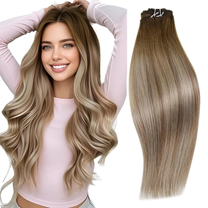 RUNATURE Weft Hair Extensions Real Human Hair Blonde Ombre Remy Sew in Weft Hair Extensions Human Hair Blonde Balayage Weft Hair Extensions 18 Inch 100 Gram