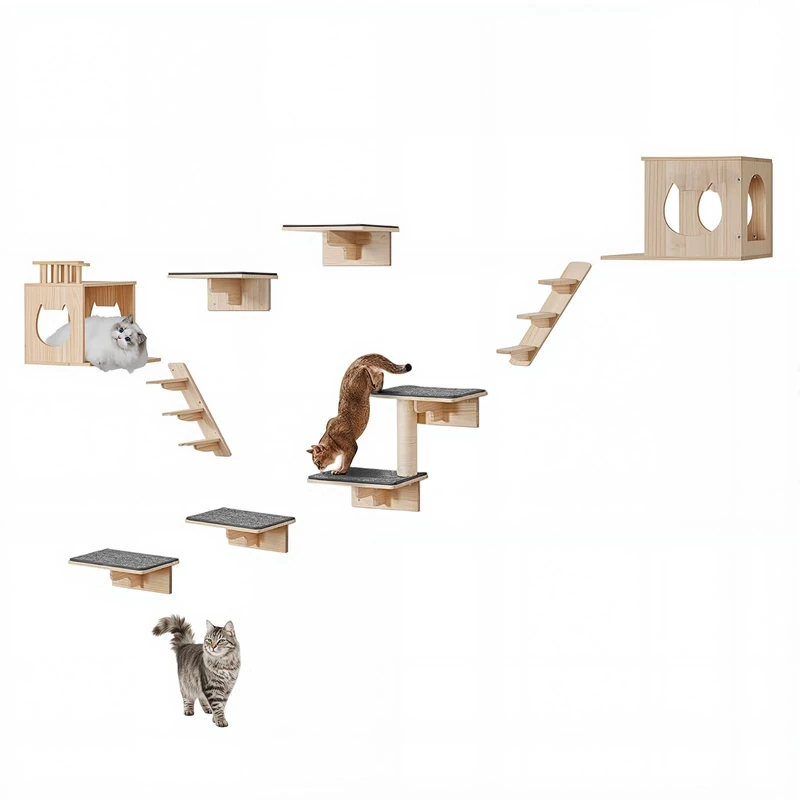 VEVOR Wall Mounted Cat Shelves, Cat Wall Shelves and Perches with Jumping Boards, Pet Beds, Hammocks & Cats Tree, Cats Furniture and Shelves up to 40 lbs for Sleeping, Playing, Climbing, Set of 9