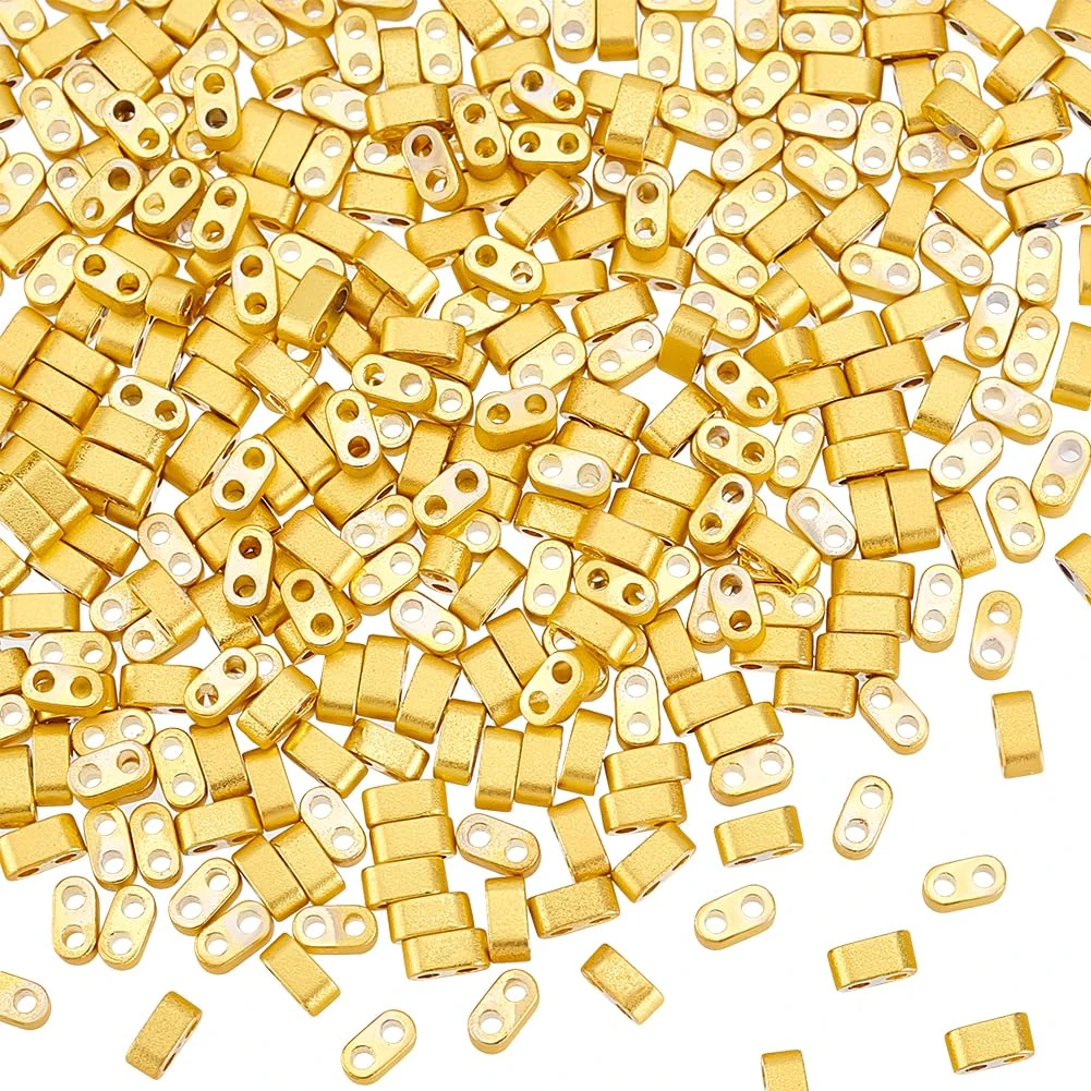 PH PandaHall 360pcs 2-Hole Seed Beads Golden Tila Beads for Jewelry Making Multi-Strand Linking Connectors Synthetic Hematite Beads for Bracelet Necklace Handicrafts 4.5x2x2.5mm, Hole: 1mm