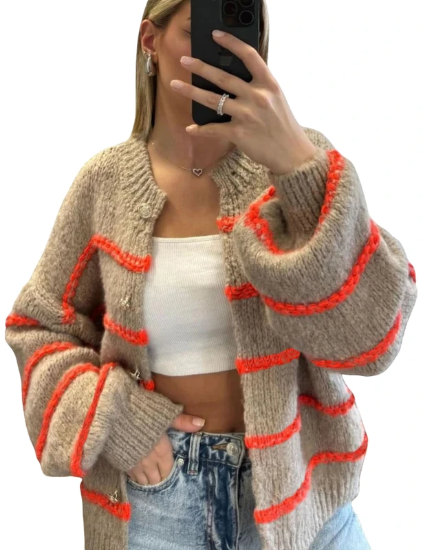 QIBABU Womens Striped Cardigan Sweaters Casual Open Front Long Sleeve Button Down Knit Outwear, Brown, Small