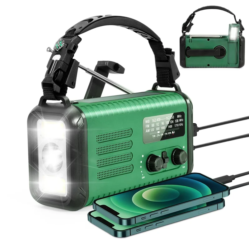 20000mAh Emergency Solar Radio with Hand Crank, NOAA Weather Radio & USB Charger - Portable Power Bank, LED Flashlight, SOS Alarm (Army Green)