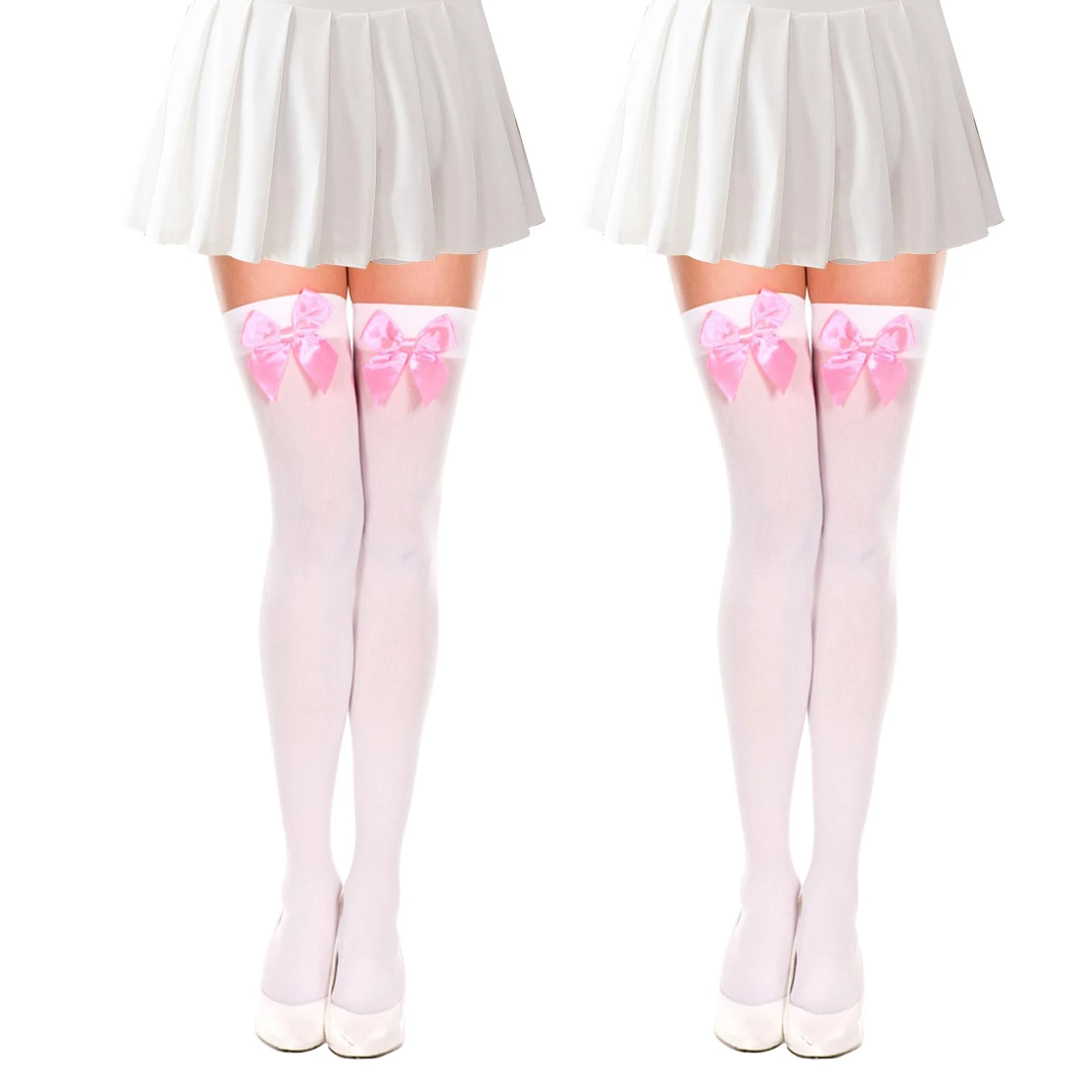 FUIPVGI 2 Pairs Knee High Socks with Pink Satin Bow, Knee High Socks, Thigh High Socks, Satin Bow Stockings, Long Socks, Opaque Knee High Socks for Women, Lace Bow Tights, One Size (White)