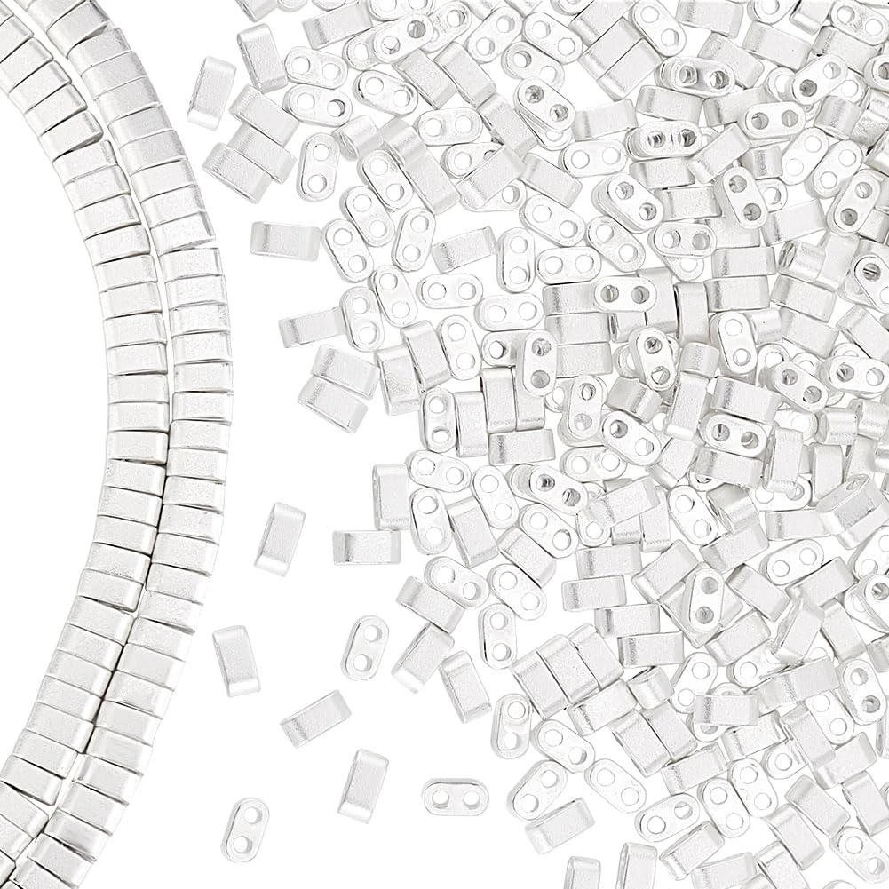 PH PandaHall 360pcs 2-Hole Seed Beads Silver Tila Beads for Jewelry Making Multi-Strand Linking Connectors Synthetic Hematite Beads for Bracelet Necklace Handicrafts 4.5x2x2.5mm, Hole: 1mm