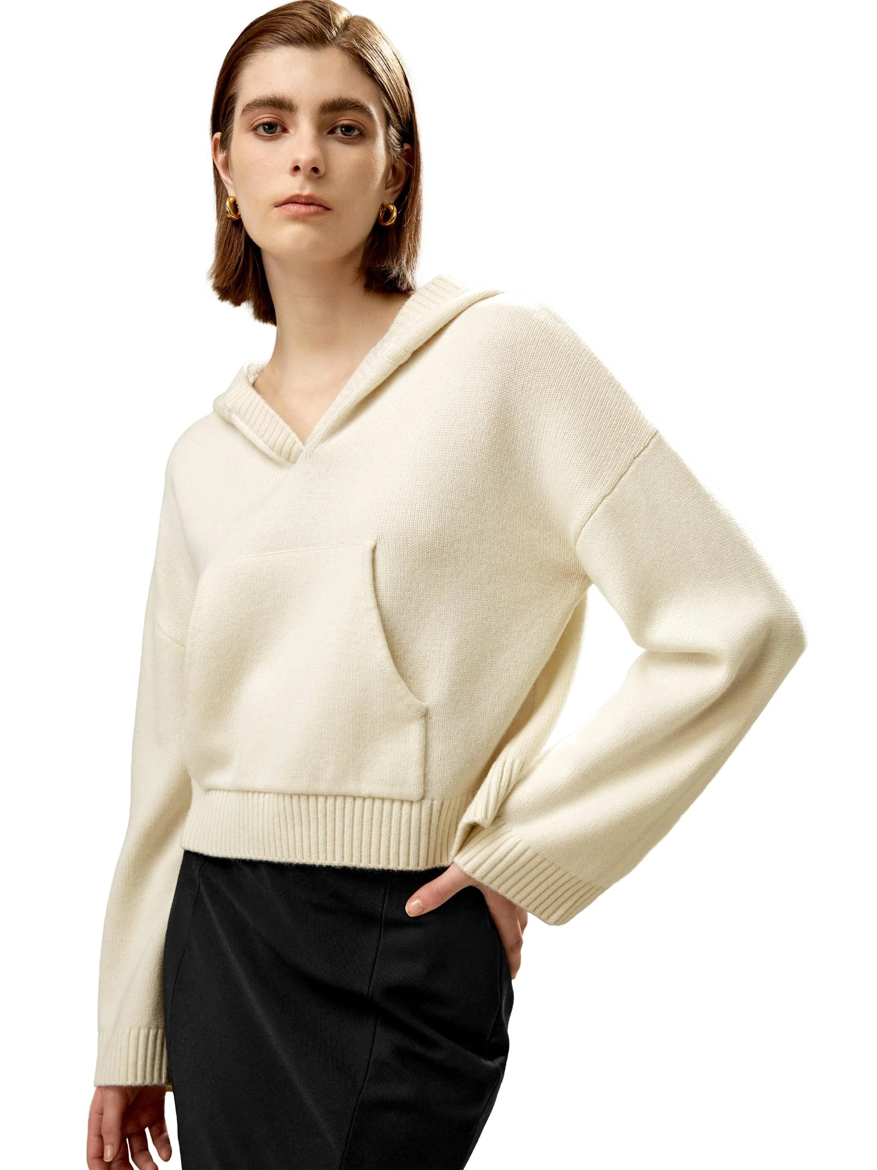 LilySilk Wool Cashmere Blend Hoodie Cropped Sweater for Women Knitted with Pockets Vintage Fashion Winter Hooded Pullover Tops(White,XL)