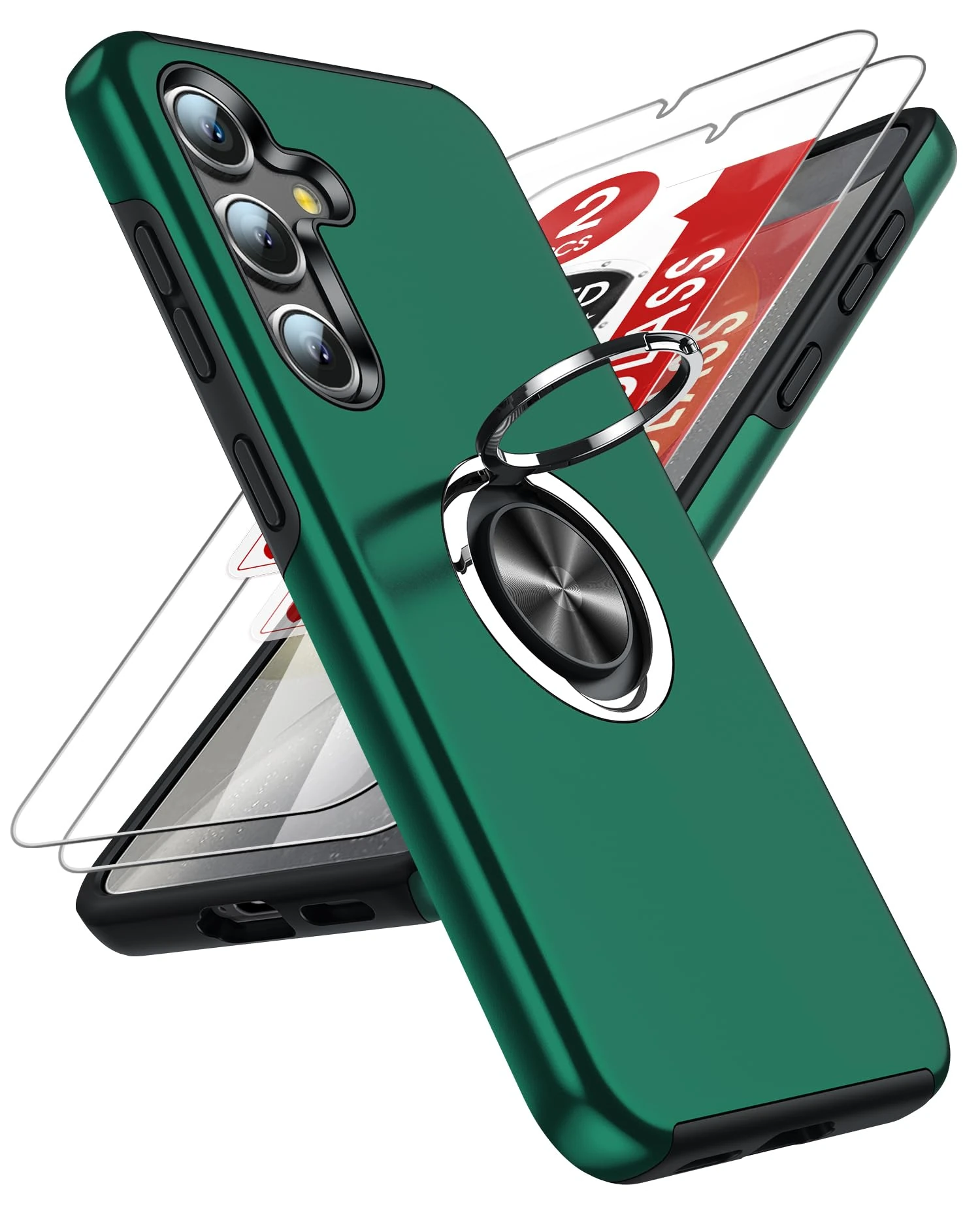 LeYi for Samsung Galaxy S25 Plus Phone Case with 2 Tempered Glass Screen Protector and Invisible Phone Ring Holder, Shockproof Protective Cover for Samsung Galaxy S25 Plus - Green