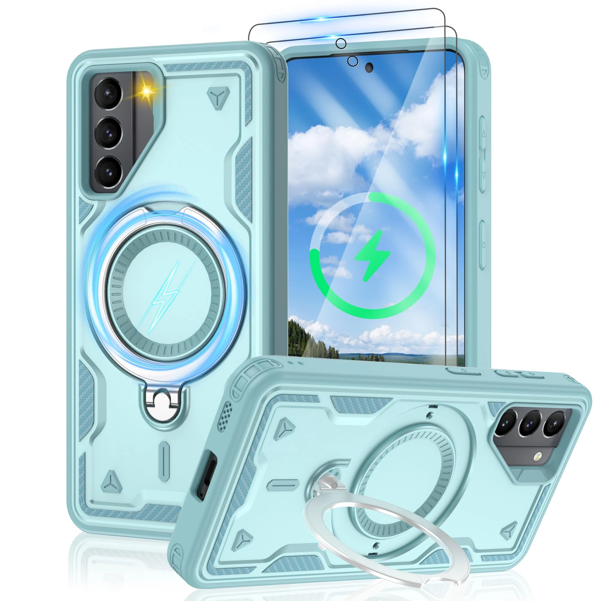 Jshru 3 in 1 Magnetic for Samsung S21 Case,Compatible with MagSafe | Built-in Stand | 2 Pack HD Screen Protector,Military-Grade Shockproof Protective Cover for Samsung Galaxy S21 5G,Baby Blue