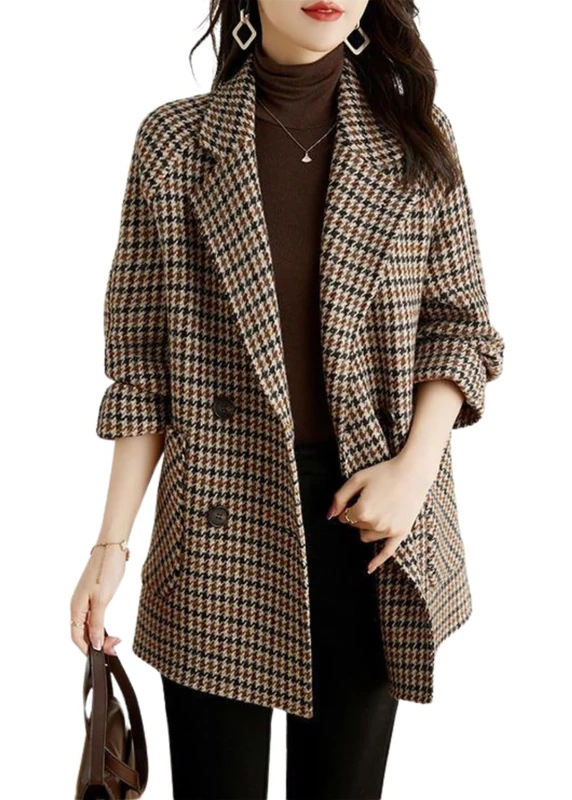 utcoco Womens Notched Lapel Pea Coat Double Breasted Blazer Jackets Houndstooth Woolen Blend Overcoat with Pockets, Coffee, Small