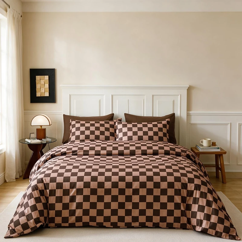 CLOTHKNOW Brown Checkered Comforter Set Queen Grid Bedding Comforter Sets