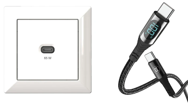 EHMANN 2in1 Bundle, Recessed USB Charging Station, USB-C 65 Watt Charger, White & USB C/C Cable, Charging (100W) + Data Transfer (480Mbps) + Power Measurement (Digital Display), 3m Length, Power