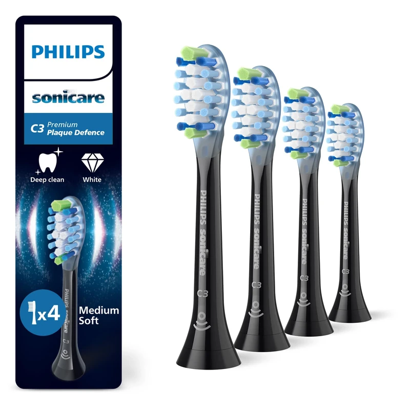 Philips Sonicare C3 Premium Plaque Defence, Genuine Replacement Toothbrush Heads, Black, 4 Pack, HX9044/88