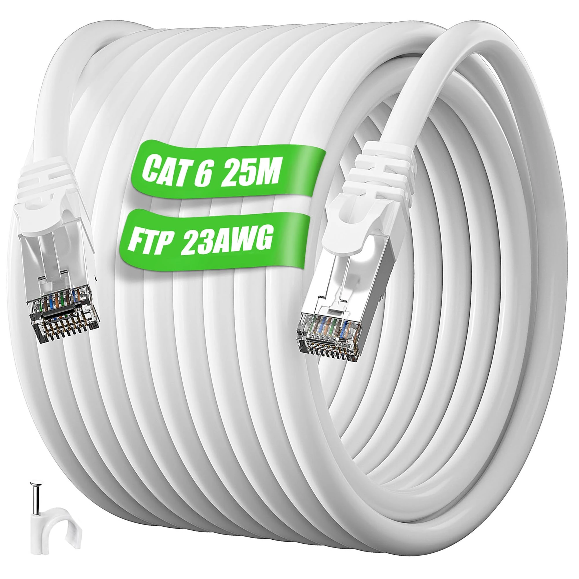 IKBC Ethernet Cable - Cat 6 Gigabit Network Cable, 25m FTP Shielded, 23AWG RJ45, White, for Router PS4/5 (25 Clips)