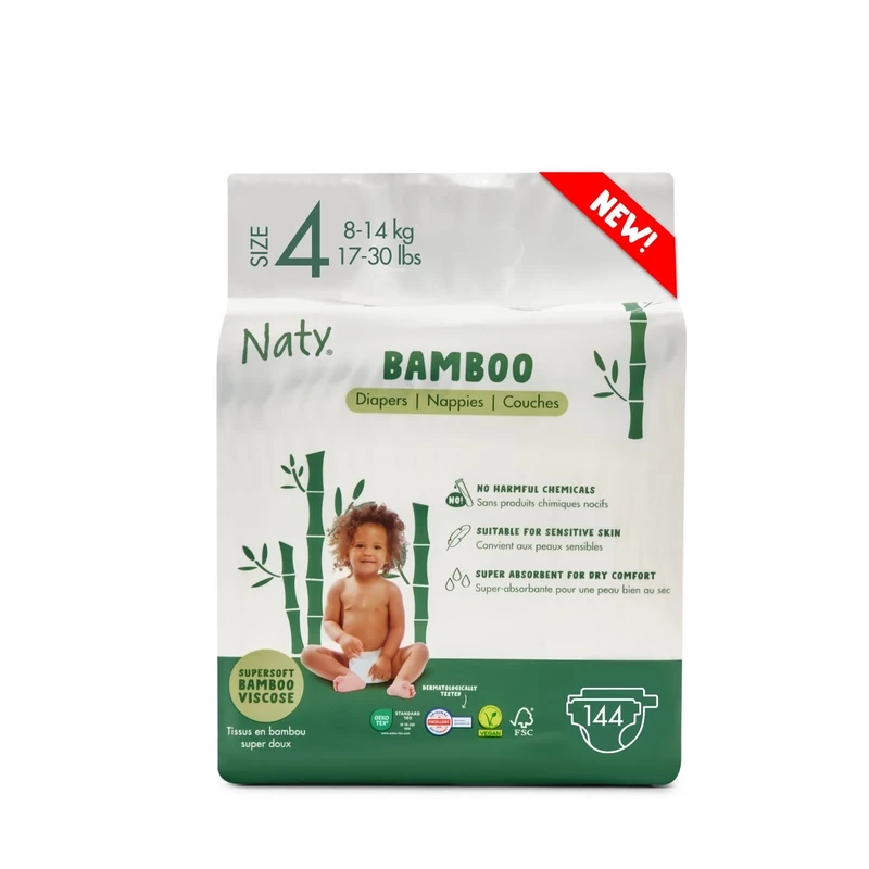 Naty Bamboo Viscose Baby Nappies – Silky Soft, Plant Based Nappy, Dermatologically Tested for Sensitive Skin & Super Absorbent (Size 4, 144 Count)