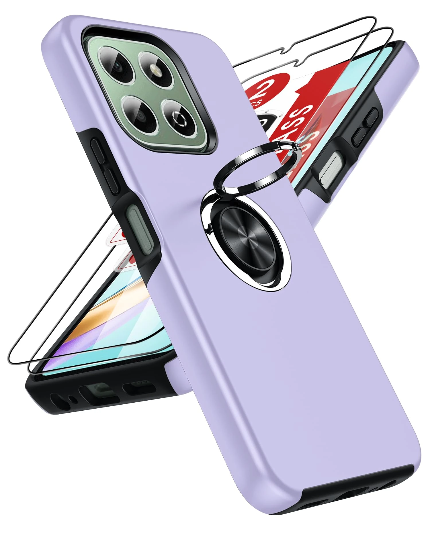 LeYi for Honor X6b 4G Phone Case with 2 Tempered Glass Screen Protector and Invisible Phone Ring Holder, Shockproof Protective Cover for Honour X6b 4G - Purple