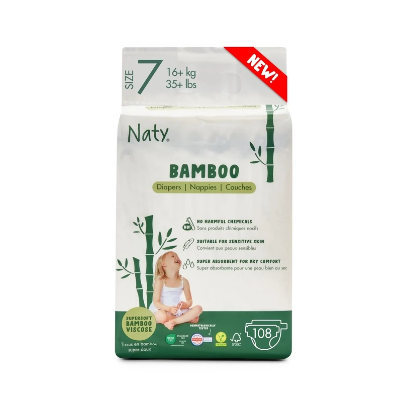 Naty Bamboo Viscose Baby Nappies – Silky Soft, Plant Based Nappy, Dermatologically Tested for Sensitive Skin & Super Absorbent (Size 7, 108 Count)