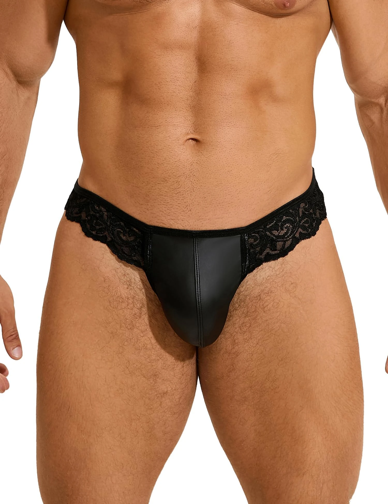 ohmydear Men's Thong Underwear Bulge Pouch Jock Straps for Men T-back Male Lingerie Lace Frilly Sissy G-String Panties Plus Size Black Bikini Briefs M