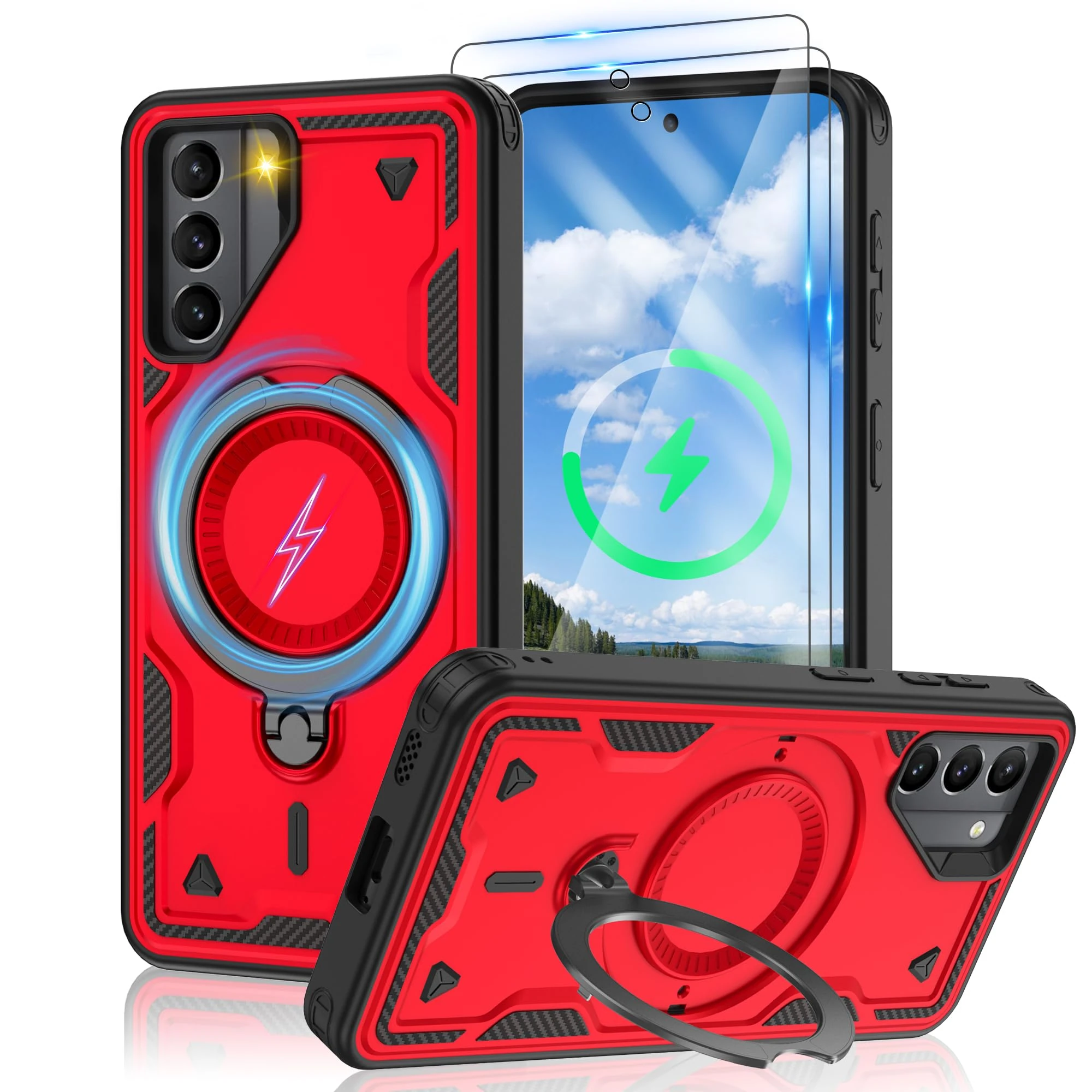 Jshru 3 in 1 Magnetic for Samsung S21 Case,Compatible with MagSafe | Built-in Stand | 2 Pack HD Screen Protector,Military-Grade Shockproof Protective Cover for Samsung Galaxy S21 5G,Red