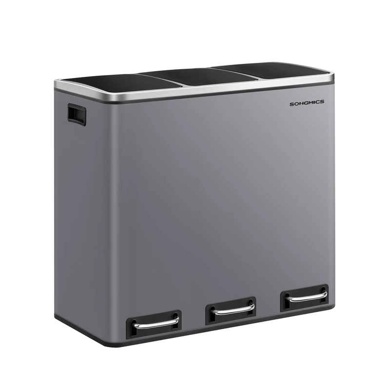 SONGMICS Kitchen Bin, 3 x 18 L Recycling Bin, 3 Compartment Rubbish Bin for Recycling and Waste, 15 Liners Included, Soft-Close Lids, Pedals, Inner Buckets, Steel, Matte Grey LTB054G01