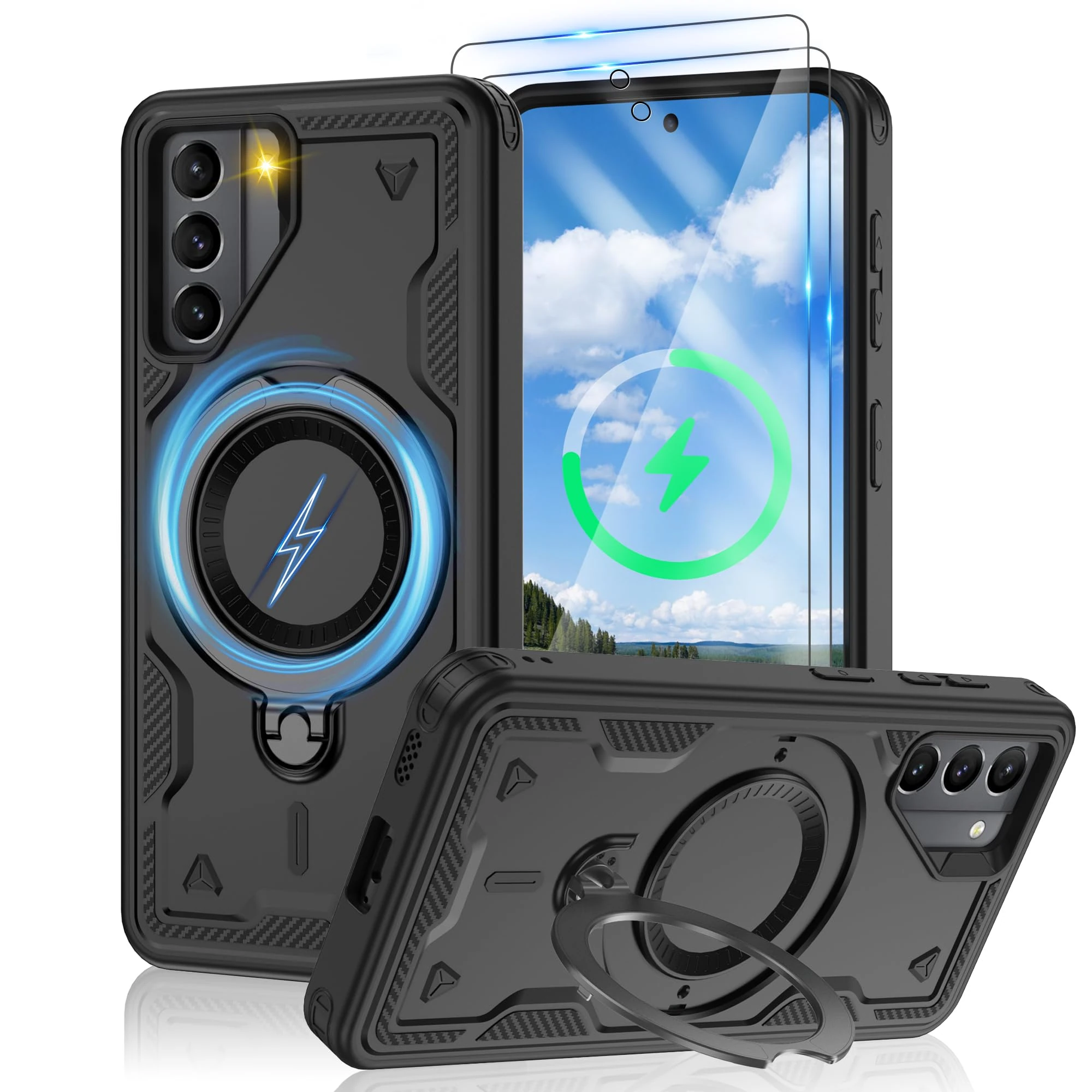 Jshru 3 in 1 Magnetic for Samsung S21 Case,Compatible with MagSafe | Built-in Stand | 2 Pack HD Screen Protector,Military-Grade Shockproof Protective Cover for Samsung Galaxy S21 5G,Black