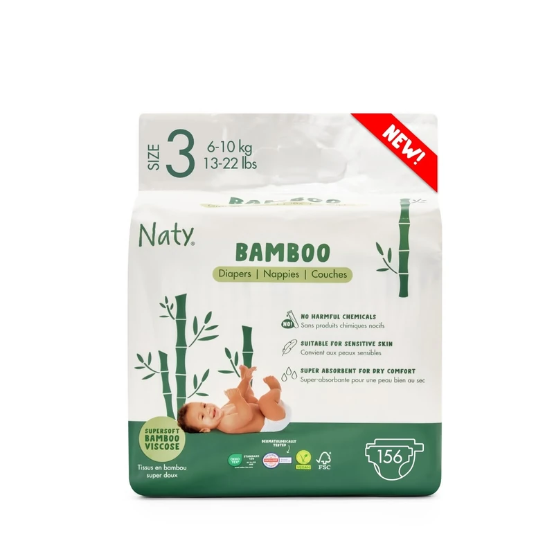 Naty Bamboo Viscose Baby Nappies – Silky Soft, Plant Based Nappy, Dermatologically Tested for Sensitive Skin & Super Absorbent (Size 3, 156 Count)