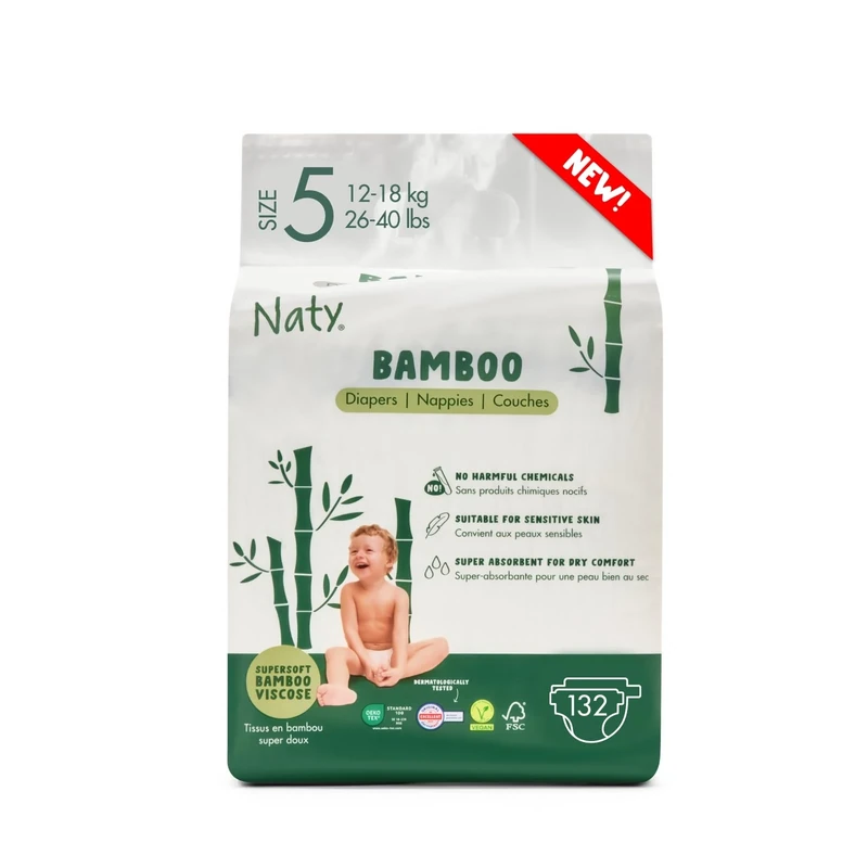Naty Bamboo Viscose Baby Nappies – Silky Soft, Plant Based Nappy, Dermatologically Tested for Sensitive Skin & Super Absorbent (Size 5, 132 Count)