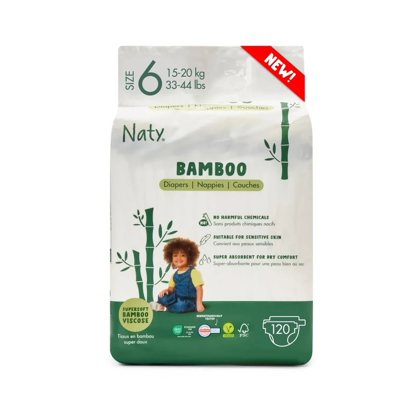 Naty Bamboo Viscose Baby Nappies – Silky Soft, Plant Based Nappy, Dermatologically Tested for Sensitive Skin & Super Absorbent (Size 6, 120 Count)