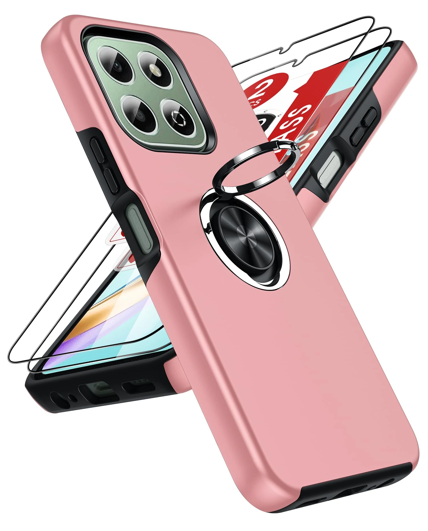 LeYi for Honor X6b 4G Phone Case with 2 Tempered Glass Screen Protector and Invisible Phone Ring Holder, Shockproof Protective Cover for Honour X6b 4G - Pink