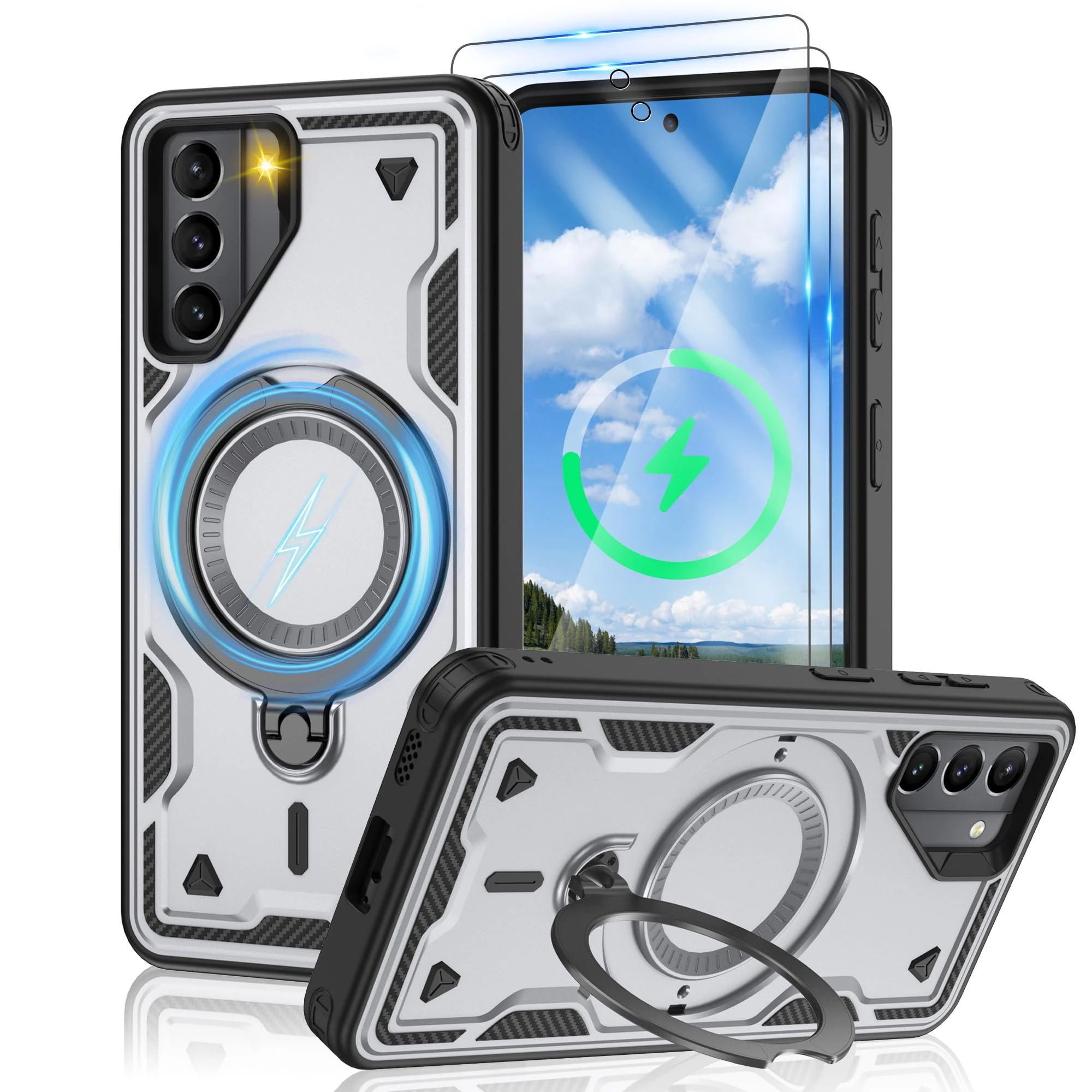 Jshru 3 in 1 Magnetic for Samsung S21 Case,Compatible with MagSafe | Built-in Stand | 2 Pack HD Screen Protector,Military-Grade Shockproof Protective Cover for Samsung Galaxy S21 5G,Grey