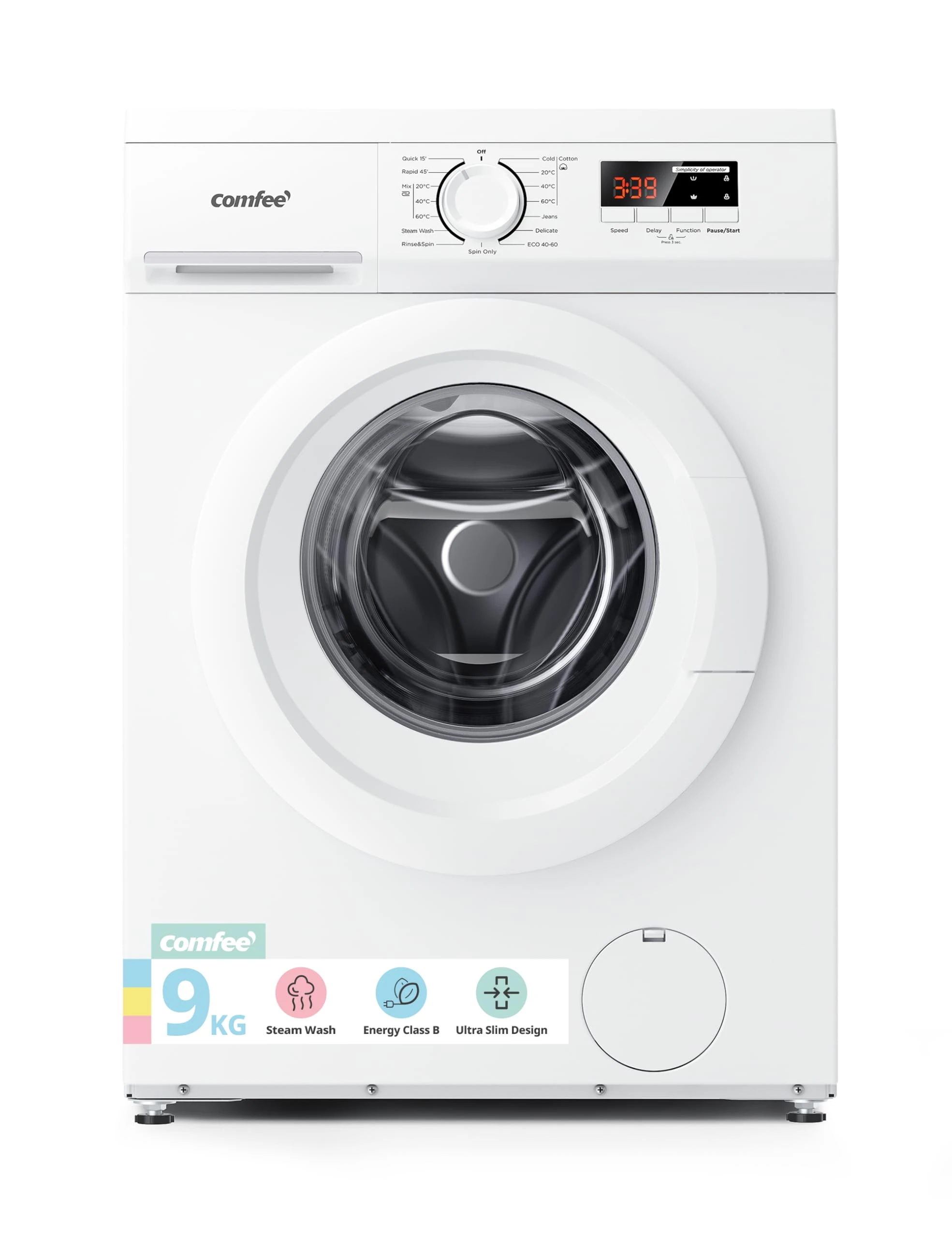 COMFEE' Freestanding Washing Machine,9KG Load,1400RPM,Steam Wash,Quick Wash,BLDC Durable Inverter Motor,White-CFE12EW90/W