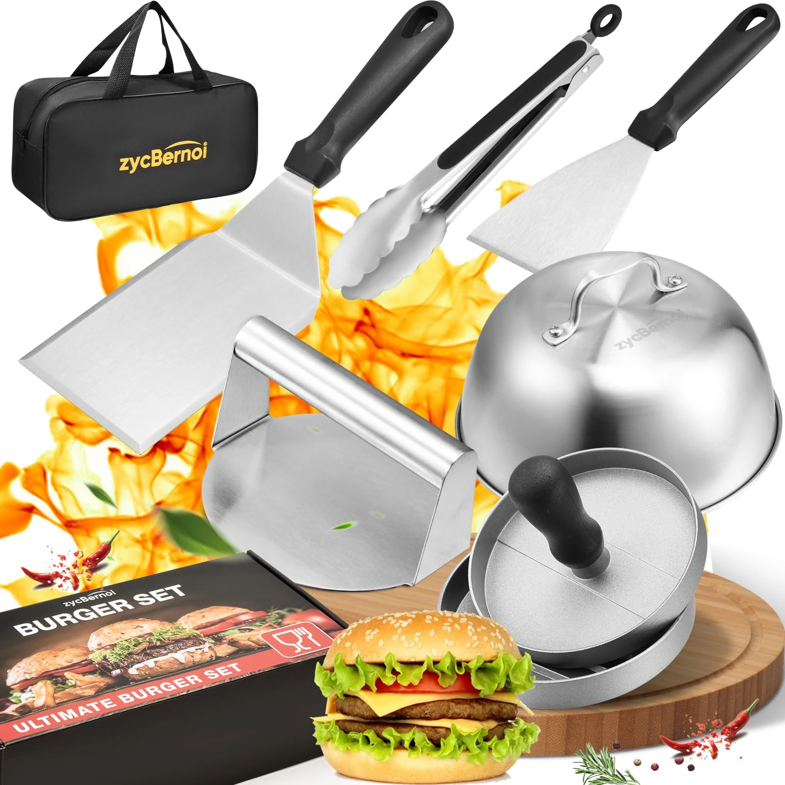 zycBernoi Smash Burger Press Kit with Storage Bag, Hamburger Press Patty Maker, Burger Press, Basting Cover, Burger Spatula, Locking Tongs, Slant Scraper for Flat Top Griddle Cooking, Burger Smasher
