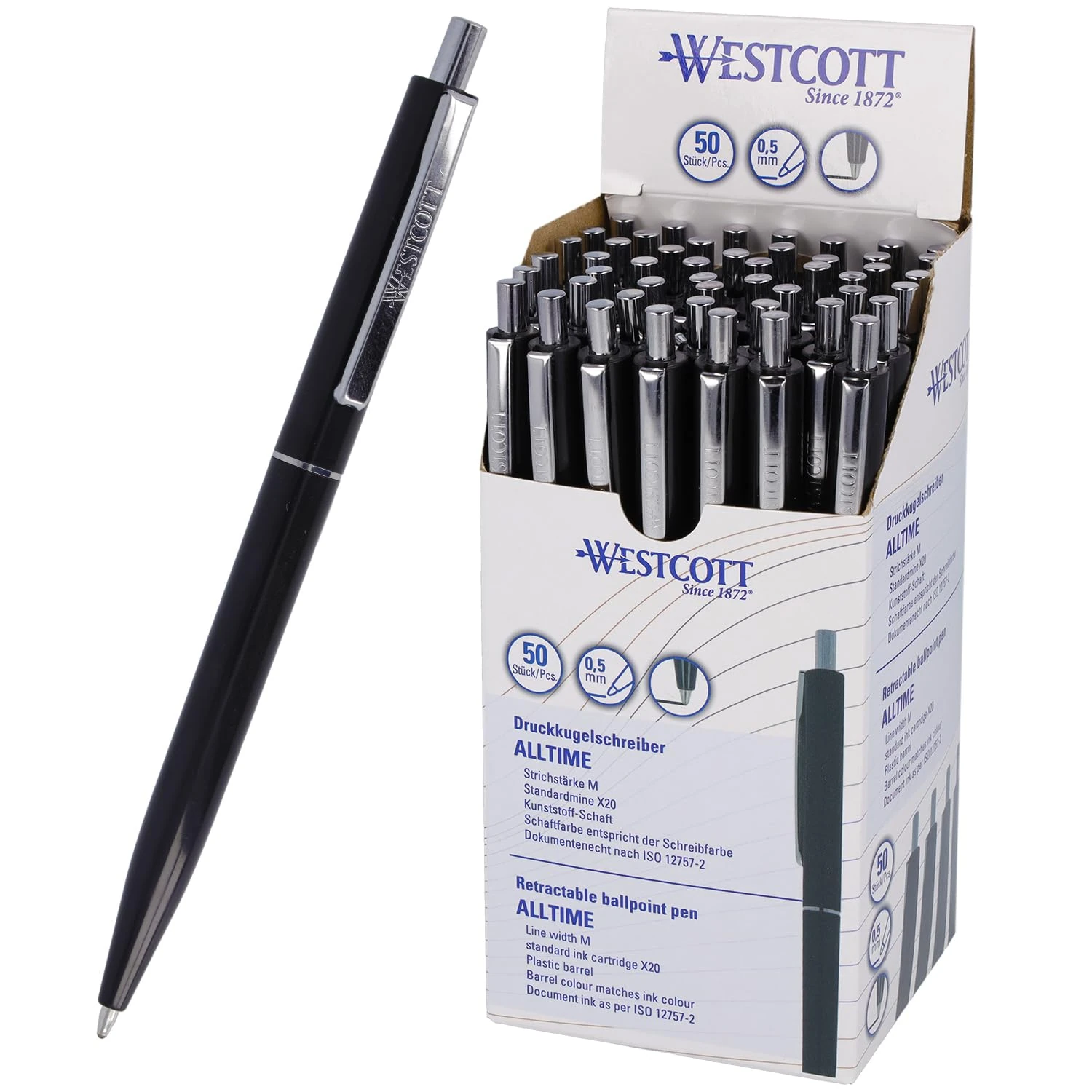 Westcott ballpoint pen ALLTIME black 50 pieces | Retractable biro pens with black ink | Line width M with X20 standard refill | Document-proof ISO 12757-2 | Sturdy metal clip | E-737470 00