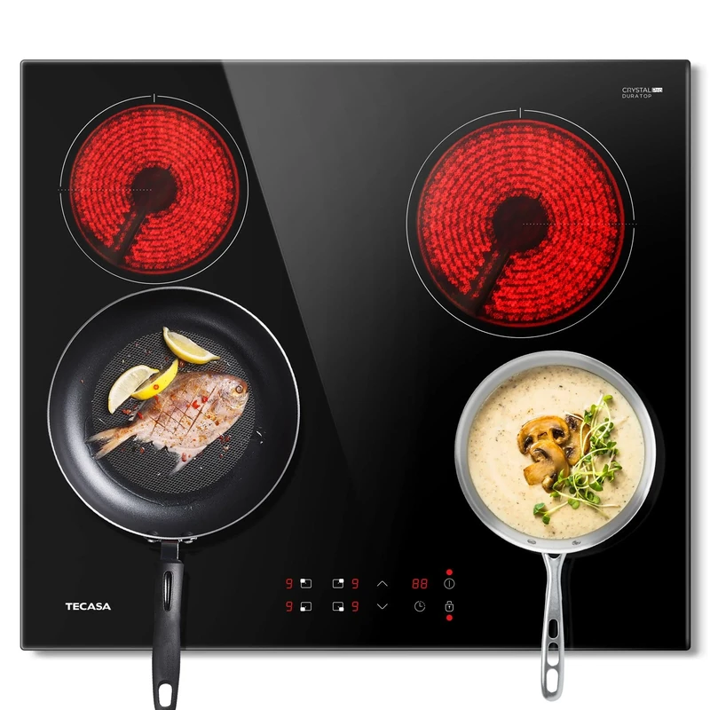 TECASA Ceramic Hob 60cm, Built-in Electric Hob 4 Burner with Glass Protection Metal Frame, Chlid Lock & Timer, 9 Heating Level, Touch Control, 6000W, 240V Hard Wire, No Plug