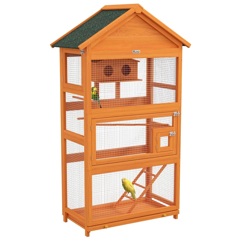 PawHut Wooden Bird Cage, Parrot Cage, Playground, Aviary Birds Outdoor, Waterproof Asphalt Roof for Parakeet, Cockatiel, Conure, Canary, 92 x 52 x 171 cm, Orange