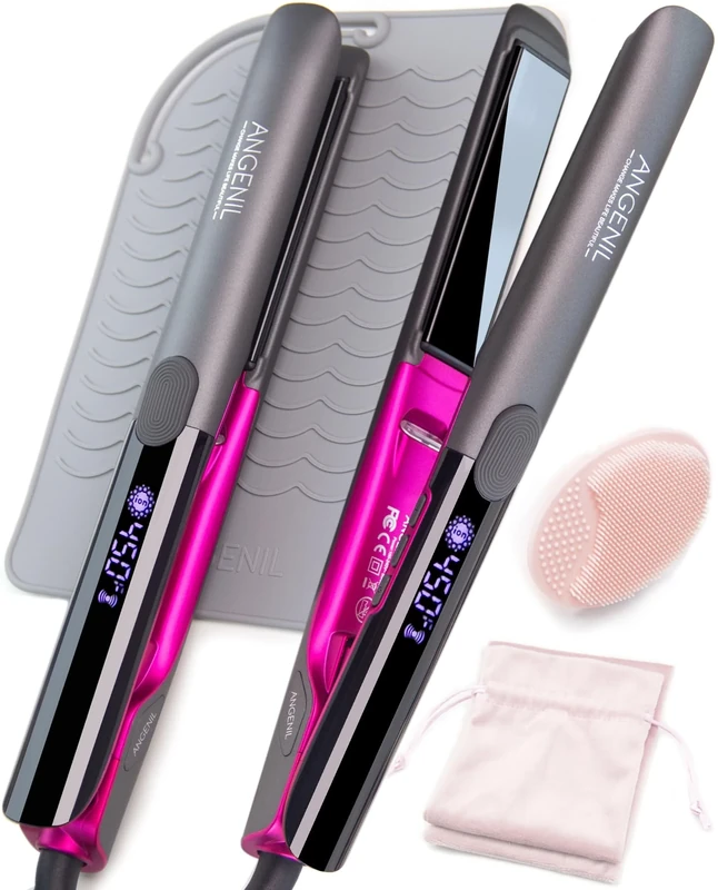 ANGENIL Titanium Hair Straighteners for Women, Heat Mat Hair Straightener, Dual Voltage Flat Iron Travel Straighteners and Curling Iron 2 in 1, 15s Fast Heating, Anti-scalding and Anti-Slip Design