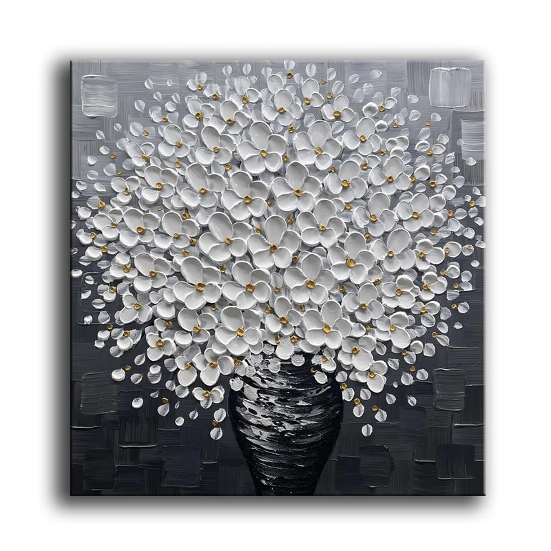 YaSheng Art- 3D Thick Texture Black and White Canvas Wall Art Hand-Painted Minimalism Abstract Artwork Oil Painting Home Decorations Modern bedroom Wall Art Ready to Hang 24x24inch