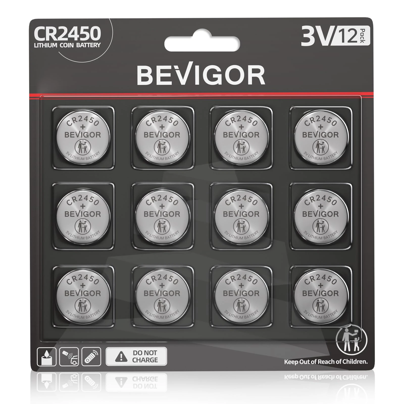 BEVIGOR CR2450 Batteries, 3 Volt Lithium Coin Battery 12 Count, High Capacity and Leak-Free Performance