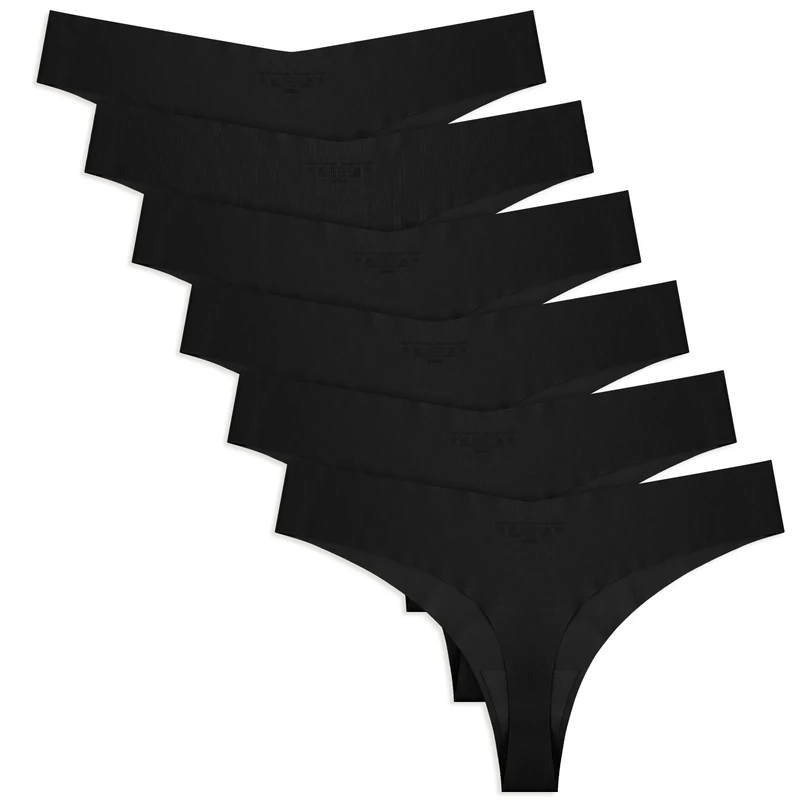 6 Pack Women's Seamless Thongs No Show Ladies Thong Underwear Breathable Thong Panties for Women (M/Black)