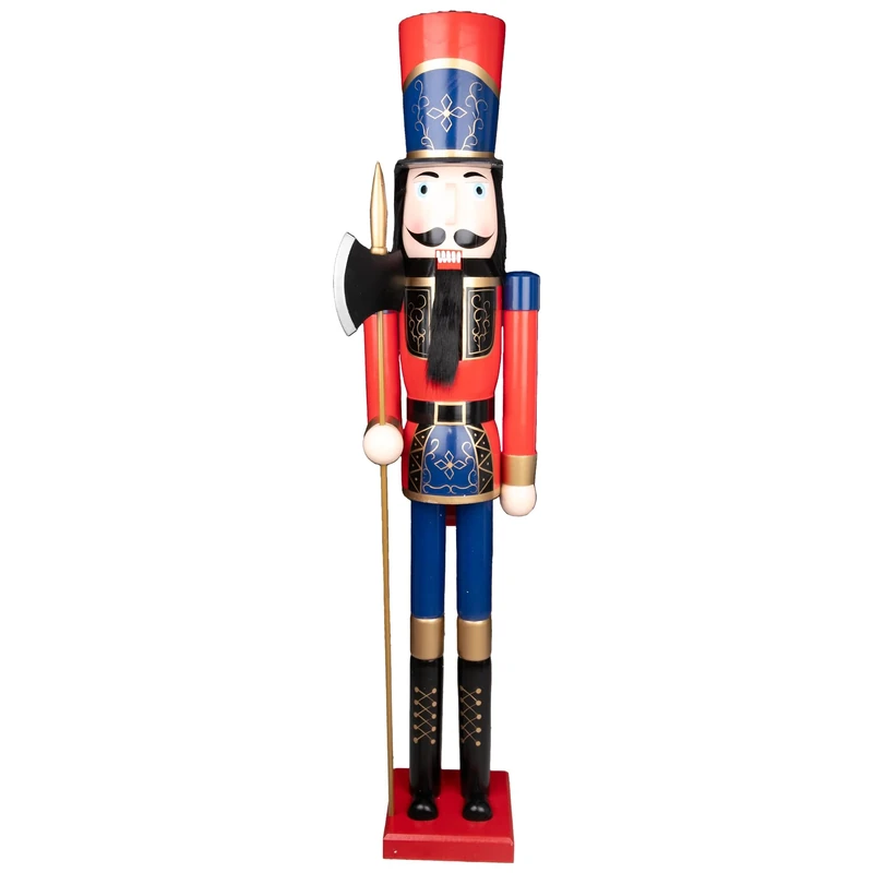 150cm Giant Life-Size Wooden Christmas Nutcracker Soldier Statue King Puppet Figurines Xmas Home Door Decoration Ornament, Red/Blue Axe