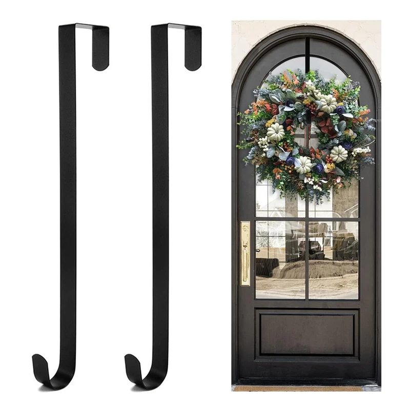 ZPLASK 2 Pcs Door Hanger for Front Door, Christmas Wreath Hook, Black Wreath Hanger for Home Office Wall Wedding Display and Hang Clothes Scarves
