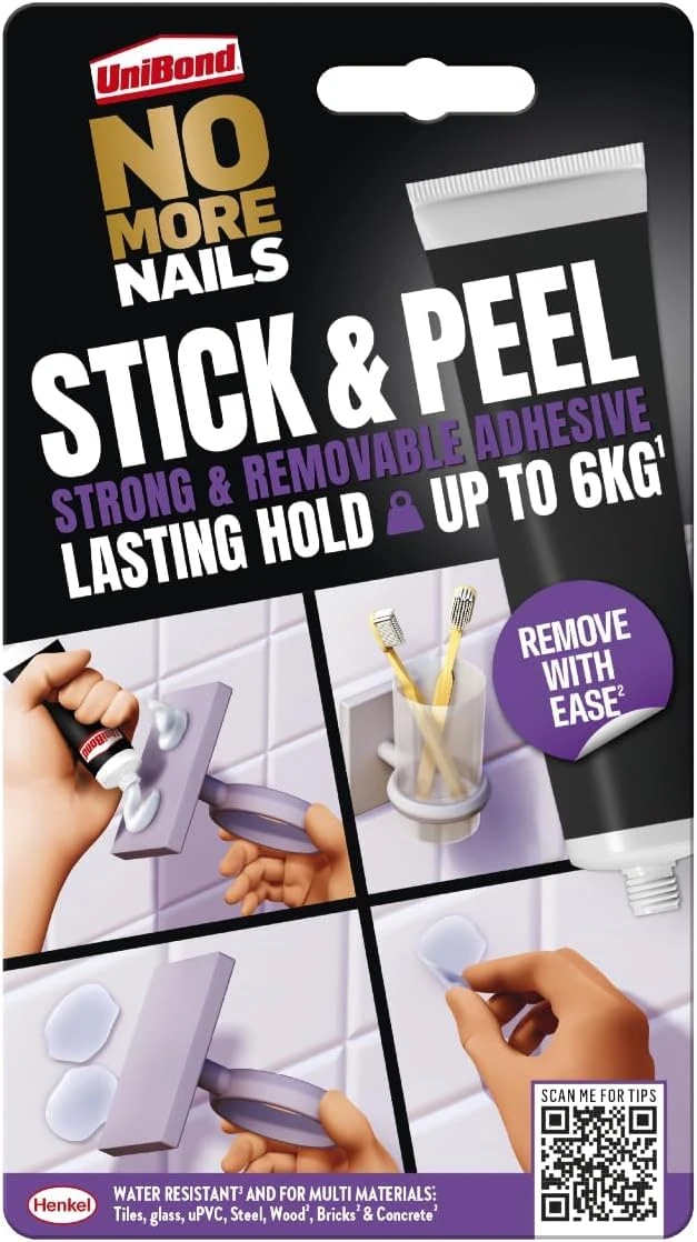 UniBond No More Nails Stick & Peel, Peel-Off Mounting Adhesive, Strong Bonding Adhesive for Shelves & Wall Hanging, Holds up to 6kg**, 44g Tube