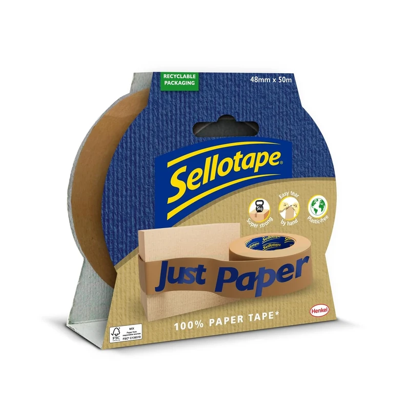 SELLOTAPE Paper Tape - Plastic Free Tape, Tearable for Easy Use, 100% Paper* Parcel Tape for Gift Wrapping and Crafts, Brown, 48mm x 50m