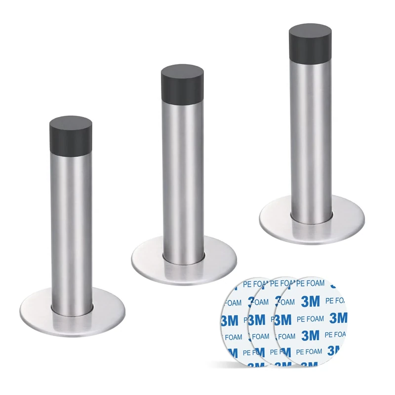 Jatidne 3 Self Adhesive Wall Mounted Door Stops, Stainless Steel Door Stoppers with Rubber Buffer, Chrome Doorstop for Indoors to Protect Walls