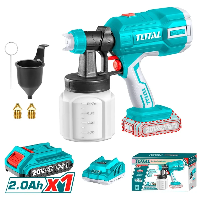 TOTAL - 20V Battery Paint Gun - Maximum Volume of 800 ml/min - Maximum Viscosity of 120 DIN - Tank of 800 ml- Includes Viscosity Meter Funnel - 1 2AH Battery - Charger - Case