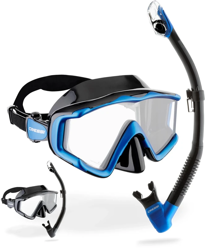Cressi Liberty Triside & Epsilon Dry Black/Sapphire - Unisex Liberty Triside Mask and Epsilon Dry Snorkel, Ideal for Snorkelling and Diving, Black/Sapphire, One Size