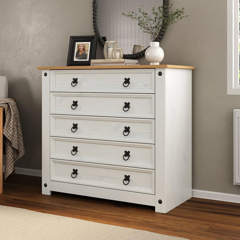 Mews Corona White 5 Drawer Chest of Drawers Mexican Solid Pine Wood