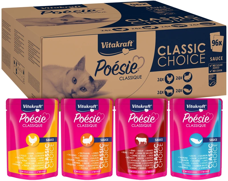 Vitakraft Poésie Classique, wet cat food, economy pack, with chicken, with turkey, with beef, with MSC-certified salmon, no added sugar or grain (1 pack containing 96x 85 g)