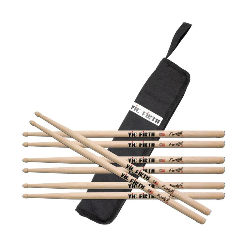 Vic Firth FS5A Freestyle 5A Drumsticks Bundle – 4 Pairs Extra Long Hickory Drum Sticks with FREE Essential Stick Bag – Practice, Technique Training, Rehearsal & Gig Use