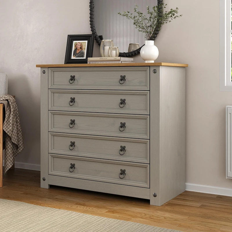 Mews Corona Grey 5 Drawer Chest of Drawers Mexican Solid Pine