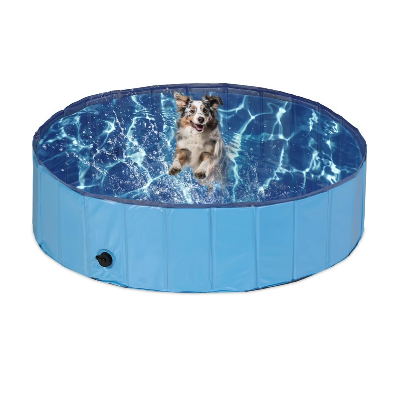 Relaxdays Dog Pool, HxD: 30 x 120 cm, Foldable, with Drain Valve, Pet Swimming Bath for Cooling Off, PVC & MDF, Blue