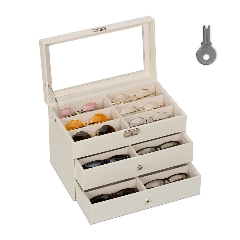 Relaxdays Glasses Box, 18 Pairs Case, Leather Look, Velvet Cover, Transparent Window, HWD 22.5 x 33.5 x 19 cm, White